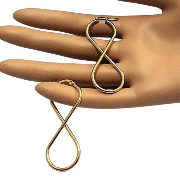 Twisted Double Hoop Pierced Earrings Gold Tone Vintage Long Thin Band Stainless - Picture 1 of 10